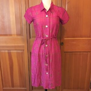 Pink Button-Down Belted Dress (Linen/poly Type Fabric)